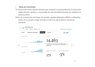 59
• Datos de Crecimiento.
Te informan del número total de miembros que componen el grupo profesional, el crecimiento
habido semana a semana, y el porcentaje de crecimiento/decrecimiento con respecto a la
semana anterior.
Dentro de un mismo tipo de Grupos, por ejemplo, aquellos dedicados a RRHH o a Marketing
Online, te va a ayudar a elegir teniendo en cuenta no solo el dato de “número de
miembros”.
 