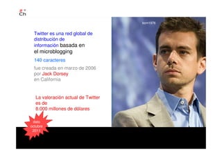 Twitter es una red global de
distribución de
información basada en
el microblogging
dato
octubre
2011
fue creada en marzo de 2006
por Jack Dorsey
en California
La valoración actual de Twitter
es de
8.000 millones de dólares
140 caracteres
born1976
 