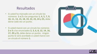 Resultados
• Si usted ha marcado con un círculo los
números 1 o 2 a las preguntas 1, 4, 5, 7, 9,
10, 11, 13, 15, 18, 19, 22, 23, 24 y 25, debe
darse cada vez un punto.
• Si usted marcó con un círculo los números
2 o 3 a los enunciados 2, 3, 6, 8, 12, 14, 16,
17, 20 y 21, debe darse un punto; ningún
punto le será acordado si usted marcó con
un circulo el número 1.
 