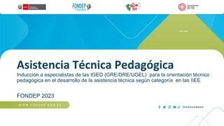Asistencia Técnica Pedagógica
Inducción a especialistas de las IGED (GRE/DRE/UGEL) para la orientación técnico
pedagógica en el desarrollo de la asistencia técnica según categoría en las IIEE
FONDEP 2023
JUNIO, 2023
 