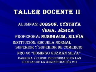 TALLER DOCENTE II
ALumNAs: JObsON, CyNThyA
VEgA, JésICA
PROfEsORA: NussbAum, sILVIA
INsTITuCIóN: EsCuELA NORmAL
suPERIOR y suPERIOR DE COmERCIO
NRO 46 “DOmINgO guzmáN sILVA”.
CARRERA y CuRsO: PROfEsORADO EN LAs
CIENCIAs DE LA ADmINIsTRACIóN 2º1

 