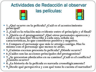 Actividades de Redacción al observar
                   las películas:

 1. ¿Qué ocurre en la película? ¿Cuál es el acontecimiento
    principal?
   2. ¿Cuál es la relación más evidente entre el principio y el final?
   3. ¿Quién es el protagonista? ¿Qué otros personajes aparecen y
    cuál es su función? Describe a cada uno, señala sus
    características, lo que consideras positivo y negativo.
   4. Compara el personaje que más te atraiga contigo. Haz lo
    mismo con el personaje que menos te atrae.
   5 ¿Cuántas escenas presenta la película? ¿Dónde ocurre?
   6 ¿Cuáles son las acciones principales del protagonista?
   7. ¿Se presentan obstáculos en su camino? ¿Cuál es el conflicto?
    ¿Cuándo ocurre?
   8. ¿La historia de la película es narrada cronológicamente?
   9 ¿Desde qué perspectiva y con qué tono lo cuenta el narrador?
 