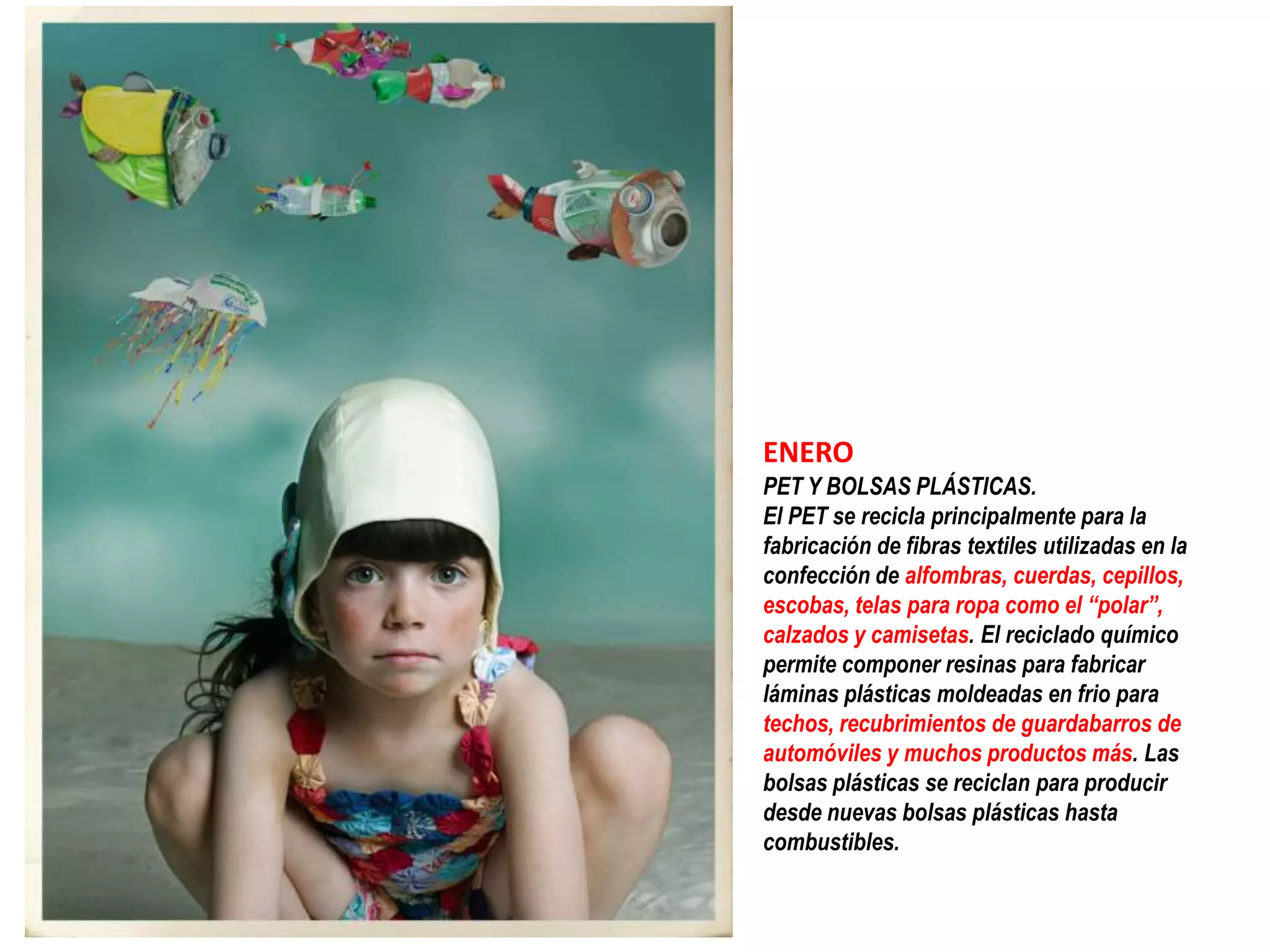 ENERO
PET Y BOLSAS PLÁSTICAS.
El PET se recicla principalmente para la
fabricación de fibras textiles utilizadas en la
confección de alfombras, cuerdas, cepillos,
escobas, telas para ropa como el “polar”,
calzados y camisetas. El reciclado químico
permite componer resinas para fabricar
láminas plásticas moldeadas en frio para
techos, recubrimientos de guardabarros de
automóviles y muchos productos más. Las
bolsas plásticas se reciclan para producir
desde nuevas bolsas plásticas hasta
combustibles.
 