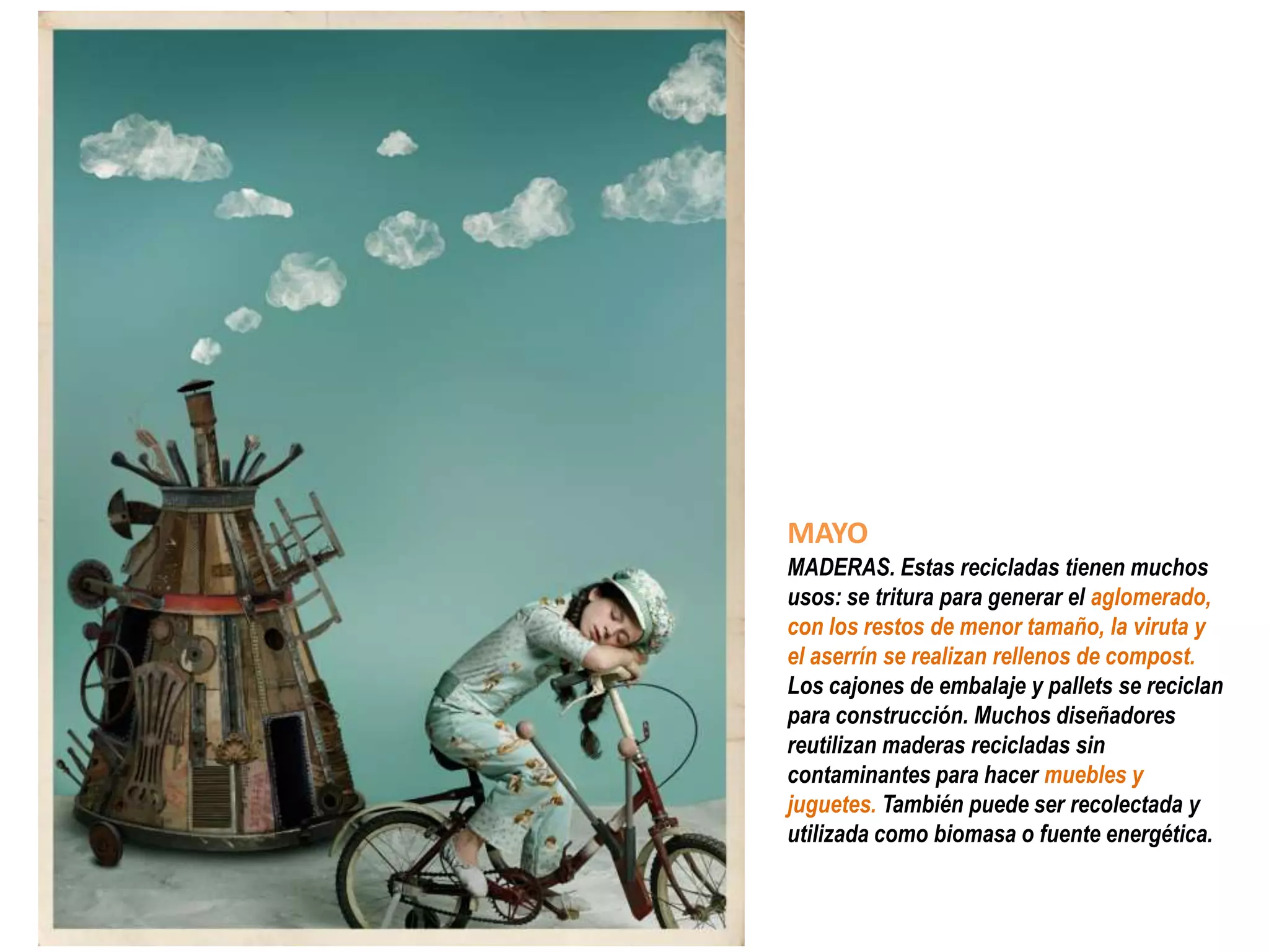 MAYO
MADERAS. Estas recicladas tienen muchos
usos: se tritura para generar el aglomerado,
con los restos de menor tamaño, la viruta y
el aserrín se realizan rellenos de compost.
Los cajones de embalaje y pallets se reciclan
para construcción. Muchos diseñadores
reutilizan maderas recicladas sin
contaminantes para hacer muebles y
juguetes. También puede ser recolectada y
utilizada como biomasa o fuente energética.
 
