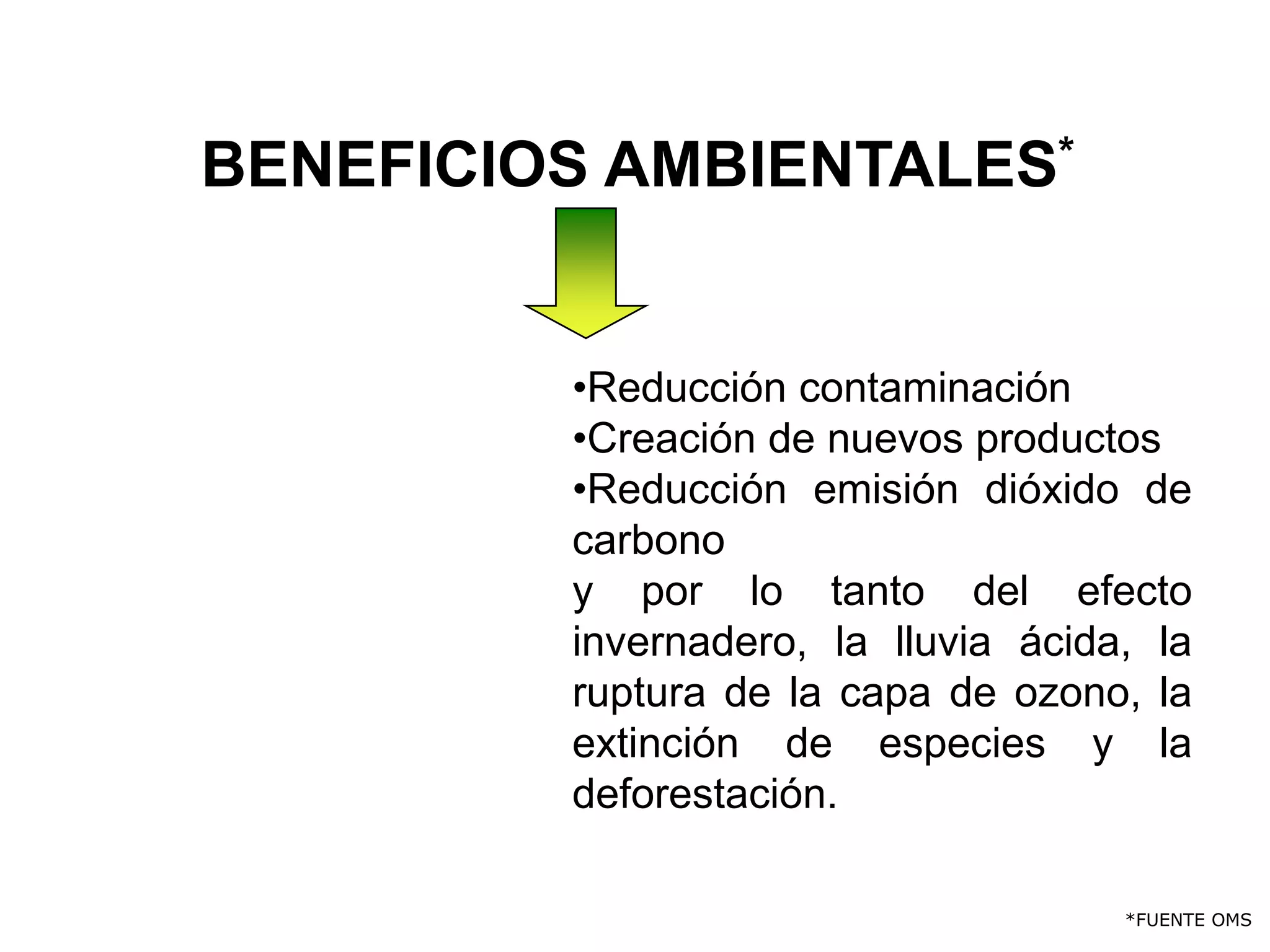 BENEFICIOS AMBIENTALES*


         •Reducción contaminación
         •Creación de nuevos productos
         •Reducción emisión dióxido de
         carbono
         y por lo tanto del efecto
         invernadero, la lluvia ácida, la
         ruptura de la capa de ozono, la
         extinción de especies y la
         deforestación.

                                     *FUENTE OMS
 