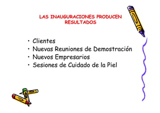 LAS INAUGURACIONES PRODUCEN
RESULTADOS
• Clientes
• Nuevas Reuniones de Demostración
• Nuevos Empresarios
• Sesiones de Cuidado de la Piel