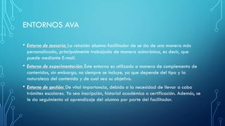ENTORNOS AVA
• Entorno de asesoría: La relación alumno-facilitador de se da de una manera más
personalizada, principalmente trabajada de manera asincrónica, es decir, que
puede mediante E-mail.
• Entorno de experimentación: Éste entorno es utilizado a manera de complemento de
contenidos, sin embargo, no siempre se incluye, ya que depende del tipo y la
naturaleza del contenido y de cual sea su objetivo.
• Entorno de gestión: De vital importancia, debido a la necesidad de llevar a cabo
trámites escolares. Ya sea inscripción, historial académico o certificación. Además, se
le da seguimiento al aprendizaje del alumno por parte del facilitador.
 