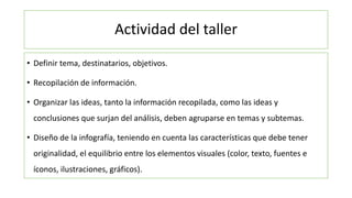 Actividad del taller
• Definir tema, destinatarios, objetivos.
• Recopilación de información.
• Organizar las ideas, tanto la información recopilada, como las ideas y
conclusiones que surjan del análisis, deben agruparse en temas y subtemas.
• Diseño de la infografía, teniendo en cuenta las características que debe tener
originalidad, el equilibrio entre los elementos visuales (color, texto, fuentes e
íconos, ilustraciones, gráficos).
 