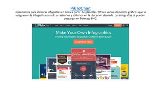 PikToChart
Herramienta para elaborar infografías en línea a partir de plantillas. Ofrece varios elementos gráficos que se
integran en la infografía con solo arrastrarlos y soltarlos en la ubicación deseada. Las infografías se pueden
descargar en formato PNG.
 