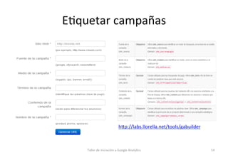 E1quetar	
  campañas	
  

hop://labs.llorella.net/tools/gabuilder	
  

Taller	
  de	
  iniciación	
  a	
  Google	
  Analy1...