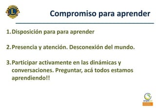 Compromiso para aprender
1.Disposición para para aprender
2.Presencia y atención. Desconexión del mundo.

3.Participar activamente en las dinámicas y
conversaciones. Preguntar, acá todos estamos
aprendiendo!!

 