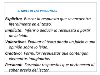 5. NIVEL DE LAS PREGUNTAS

Explícito: Buscar la respuesta que se encuentra
literalmente en el texto.
Implícito: Inferir o deducir la respuesta a partir
de lo leído.
Valorativo: Evaluar el texto dando un juicio o una
opinión sobre lo leído.
Creativo: Formular respuestas que contengan
elementos imaginarios
Personal: Formular respuestas que pertenecen al
saber previo del lector.

 