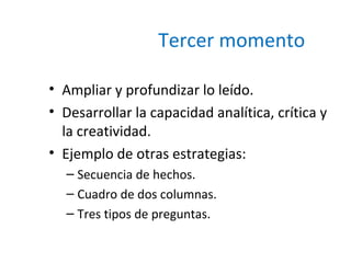Tercer momento
• Ampliar y profundizar lo leído.
• Desarrollar la capacidad analítica, crítica y
la creatividad.
• Ejemplo de otras estrategias:
– Secuencia de hechos.
– Cuadro de dos columnas.
– Tres tipos de preguntas.

 