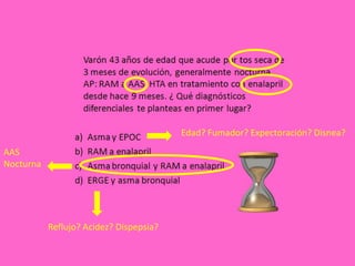 Edad? Fumador? Expectoración? Disnea?
AAS
Nocturna




           Reflujo? Acidez? Dispepsia?
 