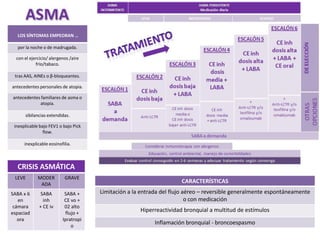 LOS SÍNTOMAS EMPEORAN …

  por la noche o de madrugada.

  con el ejercicio/ alergenos /aire
            frío/tabaco.

 tras AAS, AINEs o β-bloqueantes.

antecedentes personales de atopia.

antecedentes familiares de asma o
            atopia.

      sibilancias extendidas.

 inexplicable bajo FEV1 o bajo Pick
                flow.

      inexplicable eosinofilia.



  CRISIS ASMÁTICA
 LEVE        MODER         GRAVE
              ADA
                                                                     CARACTERÍSTICAS
SABA x 6       SABA        SABA +     Limitación a la entrada del flujo aéreo – reversible generalmente espontáneamente
   en           inh        CE vo +                                       o con medicación
 cámara       + CE iv      02 alto
espaciad                   flujo +
                                                     Hiperreactividad bronquial a multitud de estímulos
   ora                    Ipratropi
                              o
                                                           Inflamación bronquial - broncoespasmo
 
