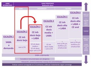 ASMA                                               ASMA PERSISTENTE
INTERMITENTE                                            Medicación diaria

                       LEVE                     MODERADO                               SEVERO

                                                                                             ESCALÓN 6
                                                                                                              Subir si es
                                                                                                              necesario
                                                                            ESCALÓN 5
                                                                                              CE inh              y
                                                                                                              valorado
                                                         ESCALÓN 4                           dosis alta
                                                                             CE inh                            educ /
                                                                                                               amb /
                                                                            dosis alta       + LABA +          comor
                                      ESCALÓN 3            CE inh                             CE oral
                                                            dosis            + LABA
                                                                                                              Control
                     ESCALÓN 2         CE inh              media +
ESCALÓN 1
                                      dosis baja            LABA
                     CE inh            + LABA                                                                 Bajar si es
                    dosis baja                                                     +
                                                                                                    +          posible

   SABA                                                                     Anti-LCTR y/o
                                                                                             Anti-LCTR y/o
                                      CE inh dosis            CE inh                          teofilina y/o    y asma
     a                                   media o           dosis media
                                                                             teofilina y/o
                                                                                             omalizumab       controlad
                       Anti-LCTR                                            omalizumab                           o al
 demanda                              CE inh dosis         + anti-LCTR                                         menos
                                     baja+ anti-LCTR                                                           3meses


                                            SABA a demanda
                         Considerar inmunoterapia con alergenos
                           Educación, control ambiental, manejo de comorbilidades
               Evaluar control conseguido en 2-6 semanas y adecuar tratamiento según convenga
 