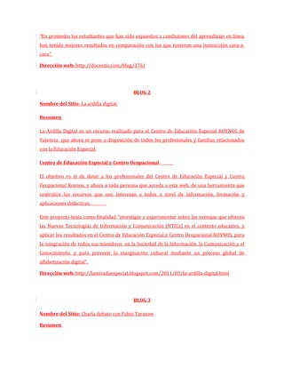 “En promedio los estudiantes que han sido expuestos a condiciones del aprendizaje en línea,
han tenido mejores resultados en comparación con los que tuvieron una instrucción cara-a-
cara“.

Dirección web: http://docentic.com/blog/376/




                                          BLOG 2

Nombre del Sitio: La ardilla digital.

Resumen

La Ardilla Digital es un recurso realizado para el Centro de Educación Especial KOYNOS de
Valencia que ahora se pone a disposición de todos los profesionales y familias relacionados
con la Educación Especial.

Centro de Educación Especial y Centro Ocupacional

El objetivo es el de dotar a los profesionales del Centro de Educación Especial y Centro
Ocupacional Koynos, y ahora a toda persona que acceda a esta web, de una herramienta que
centralice los recursos que nos interesan a todos a nivel de información, formación y
aplicaciones didácticas.

Este proyecto tenía como finalidad "investigar y experimentar sobre las ventajas que ofrecen
las Nuevas Tecnologías de Información y Comunicación (NTICs) en el contexto educativo, y
aplicar los resultados en el Centro de Educación Especial y Centro Ocupacional KOYNOS, para
la integración de todos sus miembros en la Sociedad de la Información, la Comunicación y el
Conocimiento, y para prevenir la marginación cultural mediante un proceso global de
alfabetización digital".

Dirección web: http://lamiradaespecial.blogspot.com/2011/03/la-ardilla-digital.html




                                          BLOG 3

Nombre del Sitio: Charla debate con Fabio Tarasow

Resumen
 