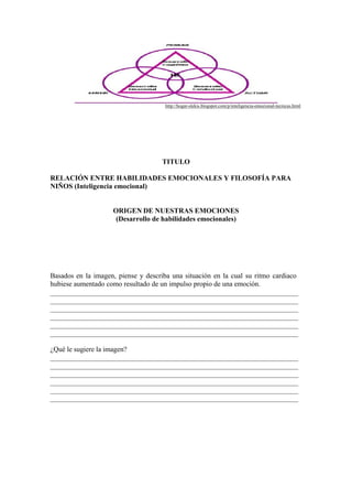 http://hogar-slekis.blogspot.com/p/inteligencia-emocional-tecnicas.html




                                     TITULO

RELACIÓN ENTRE HABILIDADES EMOCIONALES Y FILOSOFÍA PARA
NIÑOS (Inteligencia emocional)


                     ORIGEN DE NUESTRAS EMOCIONES
                      (Desarrollo de habilidades emocionales)




Basados en la imagen, piense y describa una situación en la cual su ritmo cardiaco
hubiese aumentado como resultado de un impulso propio de una emoción.




¿Qué le sugiere la imagen?
 