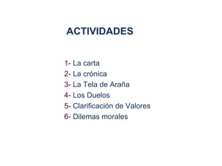 ACTIVIDADES


1- La carta
2- La crónica
3- La Tela de Araña
4- Los Duelos
5- Clarificación de Valores
6- Dilemas morales
 