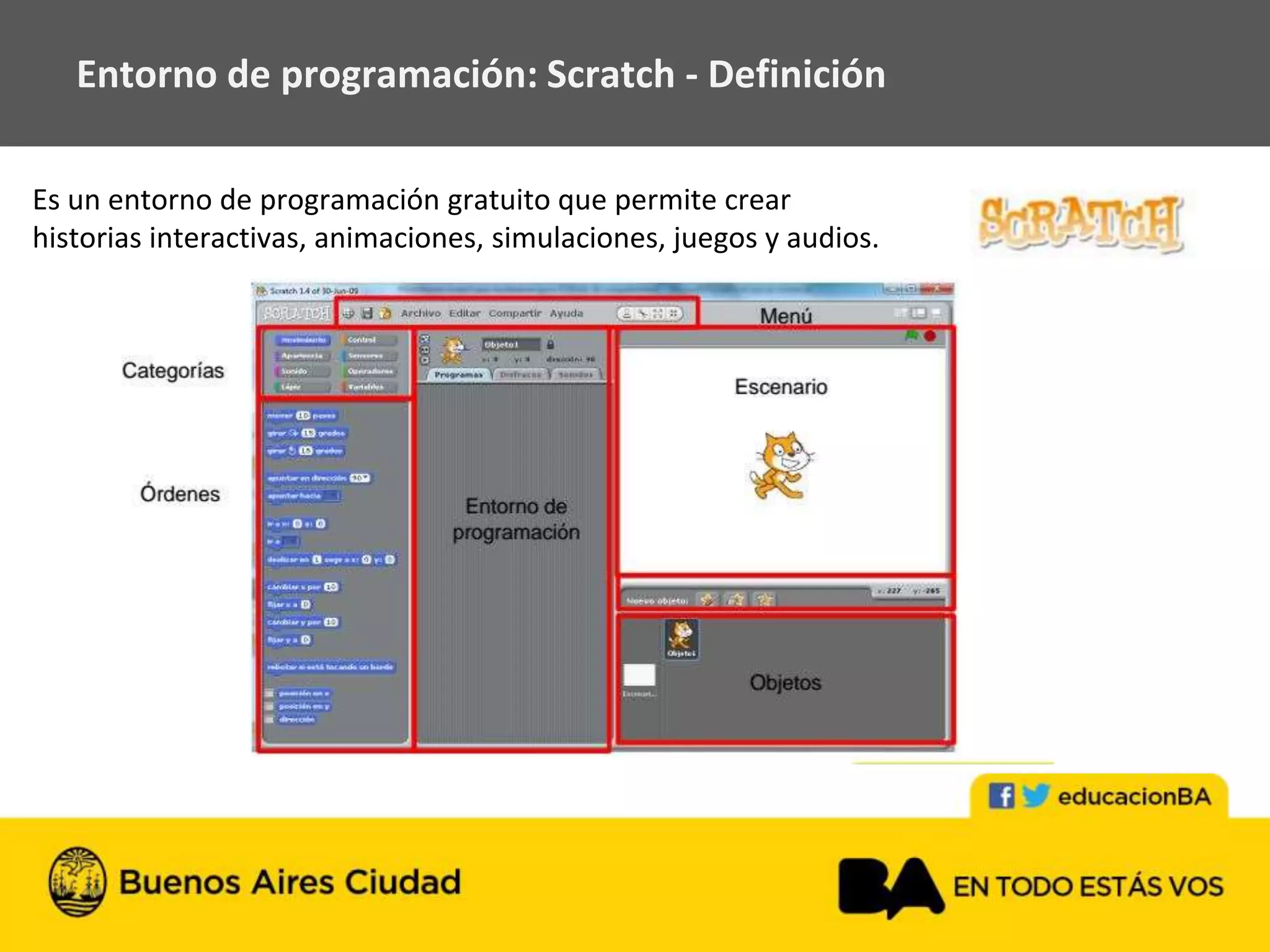 Entorno de programación: Scratch - Definición
Es un entorno de programación gratuito que permite crear
historias interactivas, animaciones, simulaciones, juegos y audios.
 