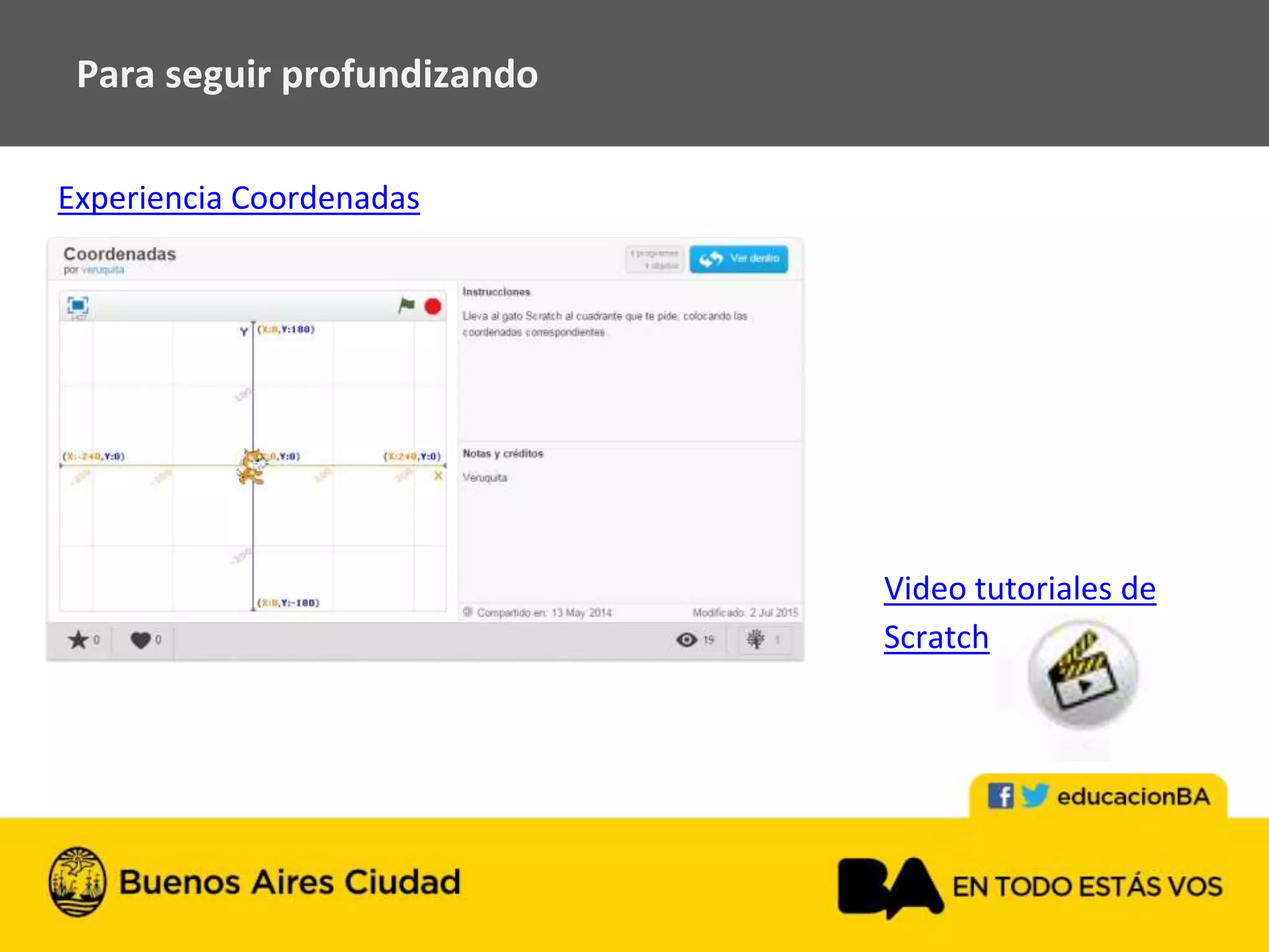 Experiencia Coordenadas
Para seguir profundizando
Video tutoriales de
Scratch
 