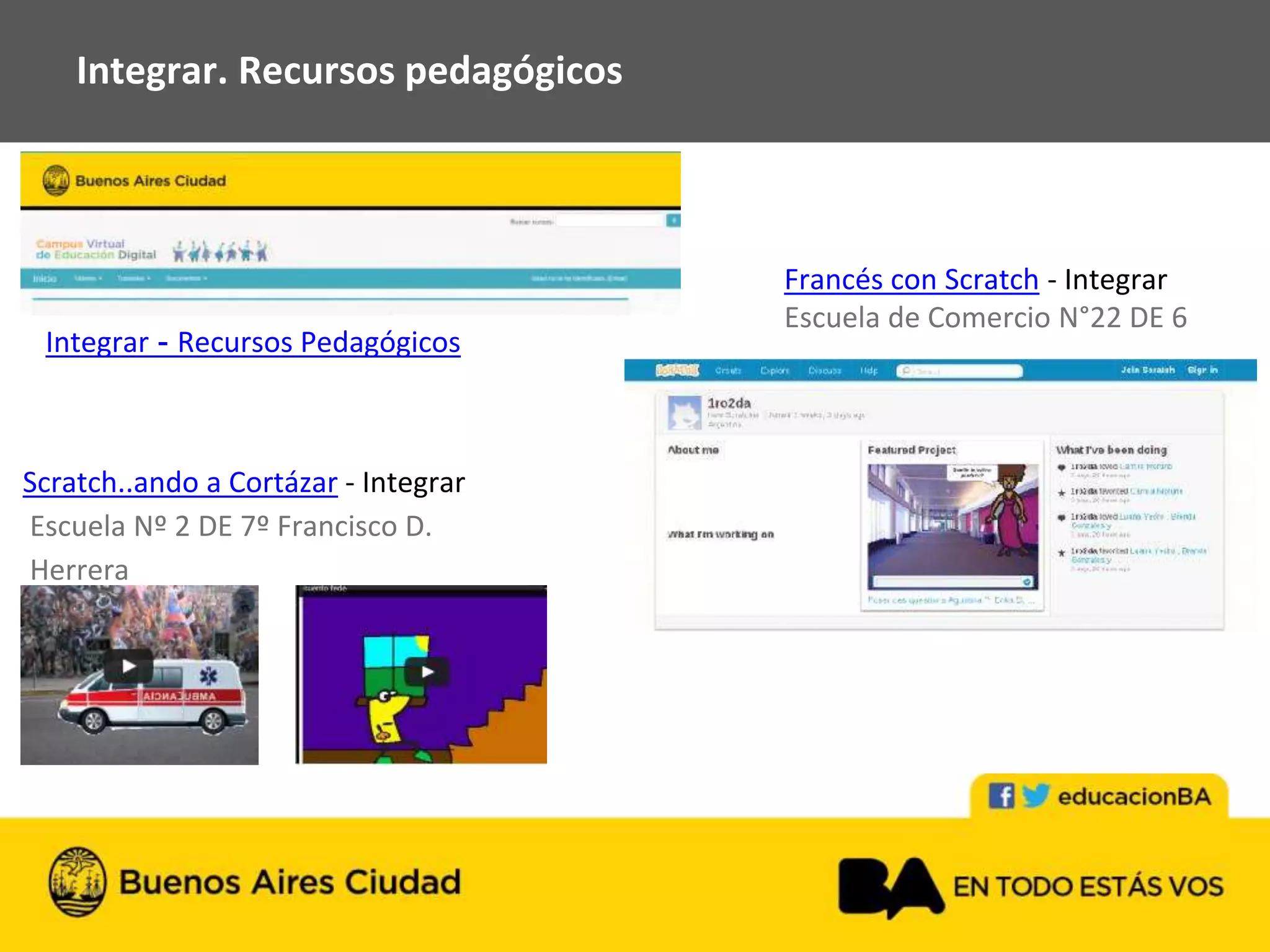 Francés con Scratch - Integrar
Escuela de Comercio N°22 DE 6
Integrar. Recursos pedagógicos
Scratch..ando a Cortázar - Integrar
Escuela Nº 2 DE 7º Francisco D.
Herrera
Integrar - Recursos Pedagógicos
 
