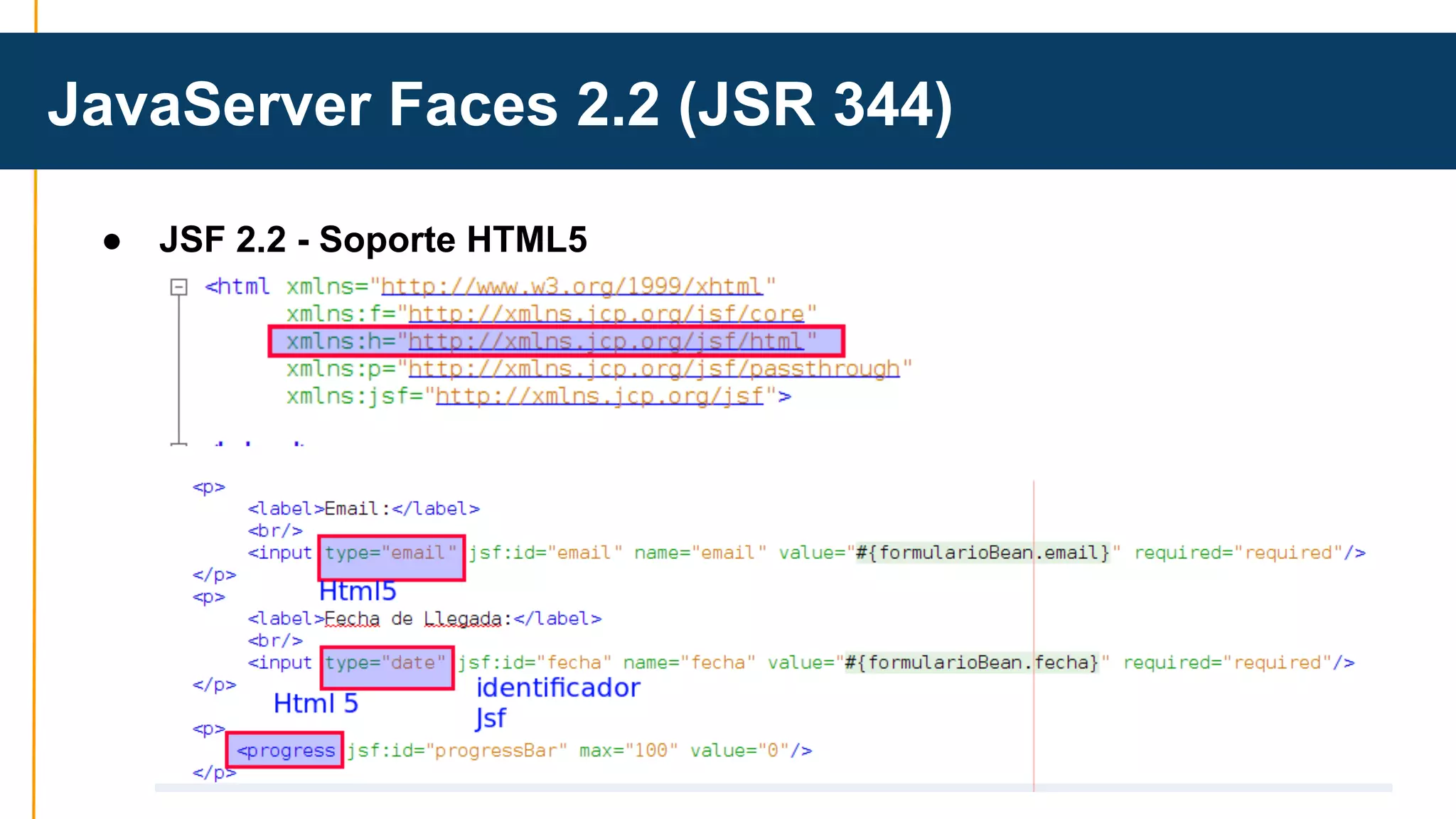 JavaServer Faces 2.2 (JSR 344) 
● JSF 2.2 - Soporte HTML5 
 