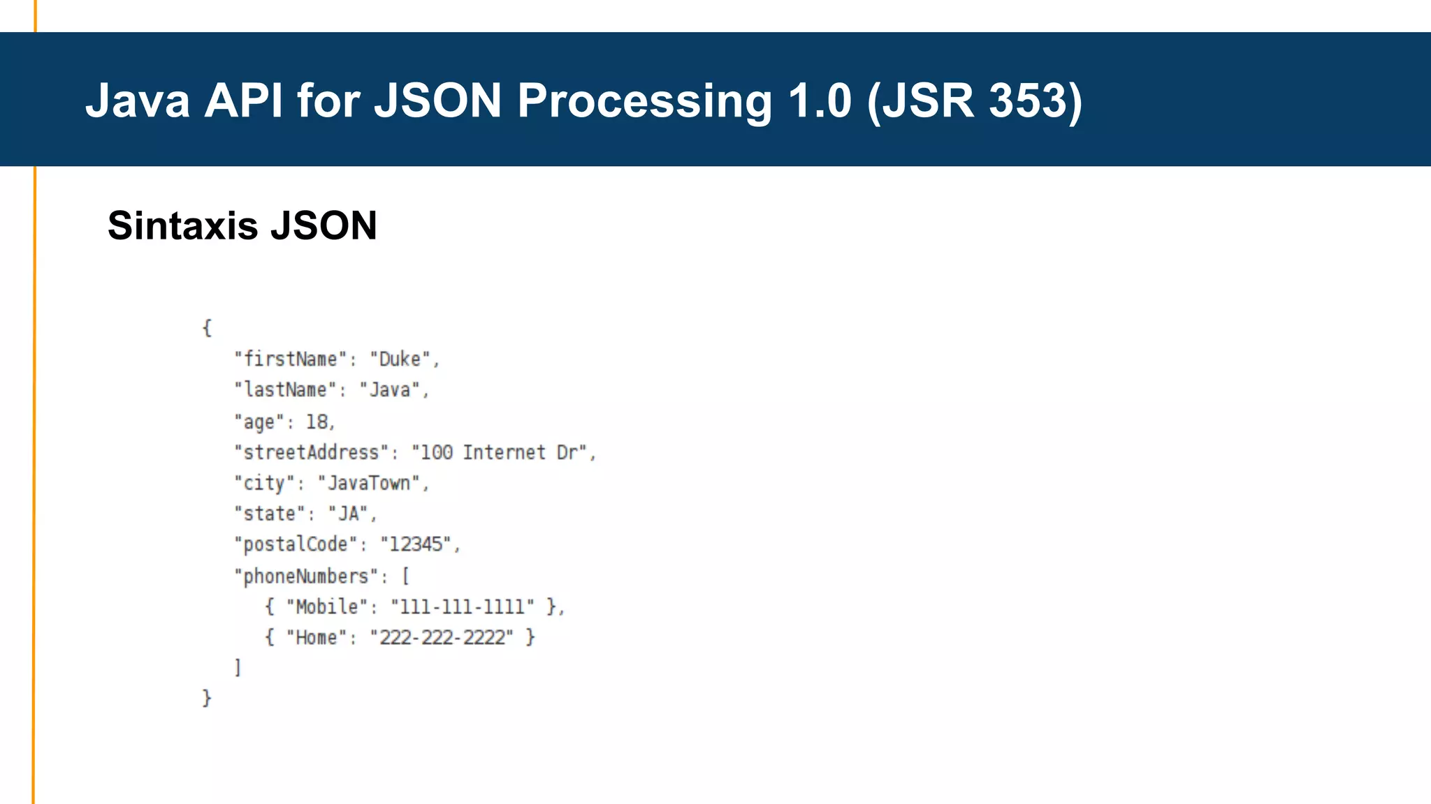 Java API for JSON Processing 1.0 (JSR 353) 
Sintaxis JSON 
 