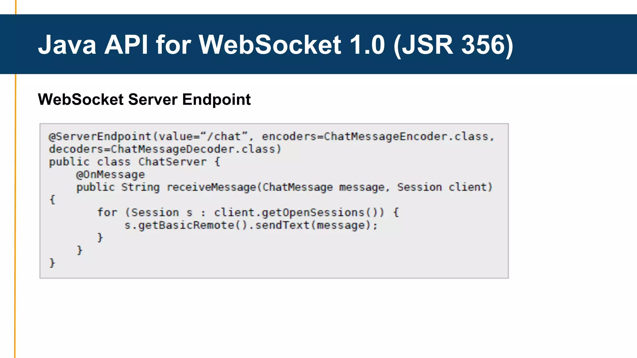 Java API for WebSocket 1.0 (JSR 356) 
WebSocket Server Endpoint 
 