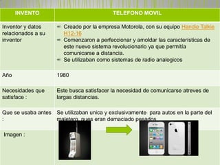 INVENTO                              TELEFONO MOVIL

Inventor y datos     ∞ Creado por la empresa Motorola, con su equipo Handie Talkie
relacionados a su      H12-16
inventor             ∞ Comenzaron a perfeccionar y amoldar las características de
                       este nuevo sistema revolucionario ya que permitía
                       comunicarse a distancia.
                     ∞ Se utilizaban como sistemas de radio analogicos

Año                  1980

Necesidades que      Este busca satisfacer la necesidad de comunicarse atreves de
satisface :          largas distancias.

Que se usaba antes Se utilizaban unica y exclusivamente para autos en la parte del
:                  maletero, pues eran demaciado pesados

Imagen :
 