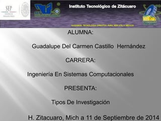 ALUMNA: Guadalupe Del Carmen Castillo HernándezCARRERA: Ingeniería En Sistemas ComputacionalesPRESENTA: Tipos De InvestigaciónH. Zitacuaro, Mich a 11 de Septiembre de 2014  