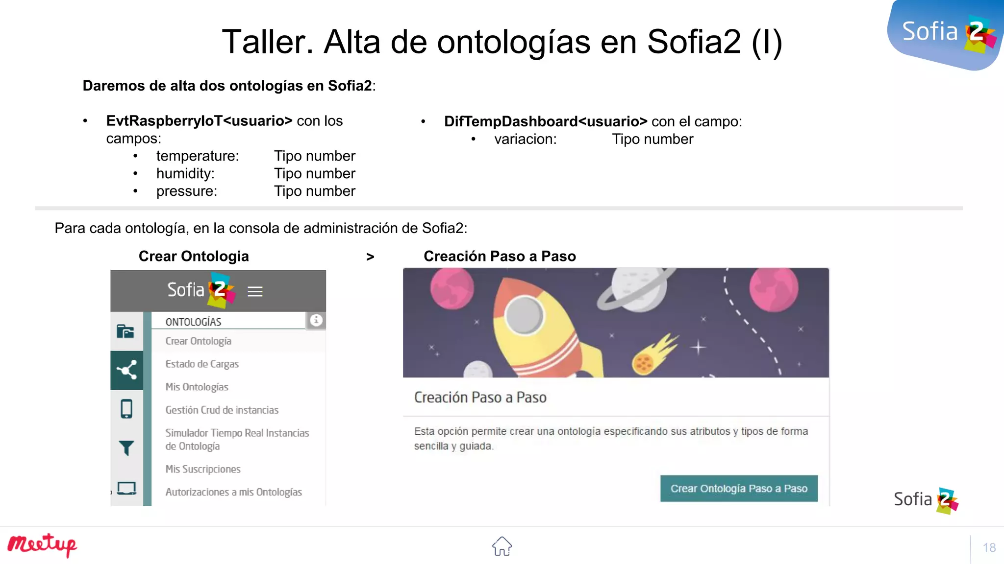 18
Taller. Alta de ontologías en Sofia2 (I)
Daremos de alta dos ontologías en Sofia2:
• EvtRaspberryIoT<usuario> con los
campos:
• temperature: Tipo number
• humidity: Tipo number
• pressure: Tipo number
• DifTempDashboard<usuario> con el campo:
• variacion: Tipo number
Para cada ontología, en la consola de administración de Sofia2:
Crear Ontologia Creación Paso a Paso>
 