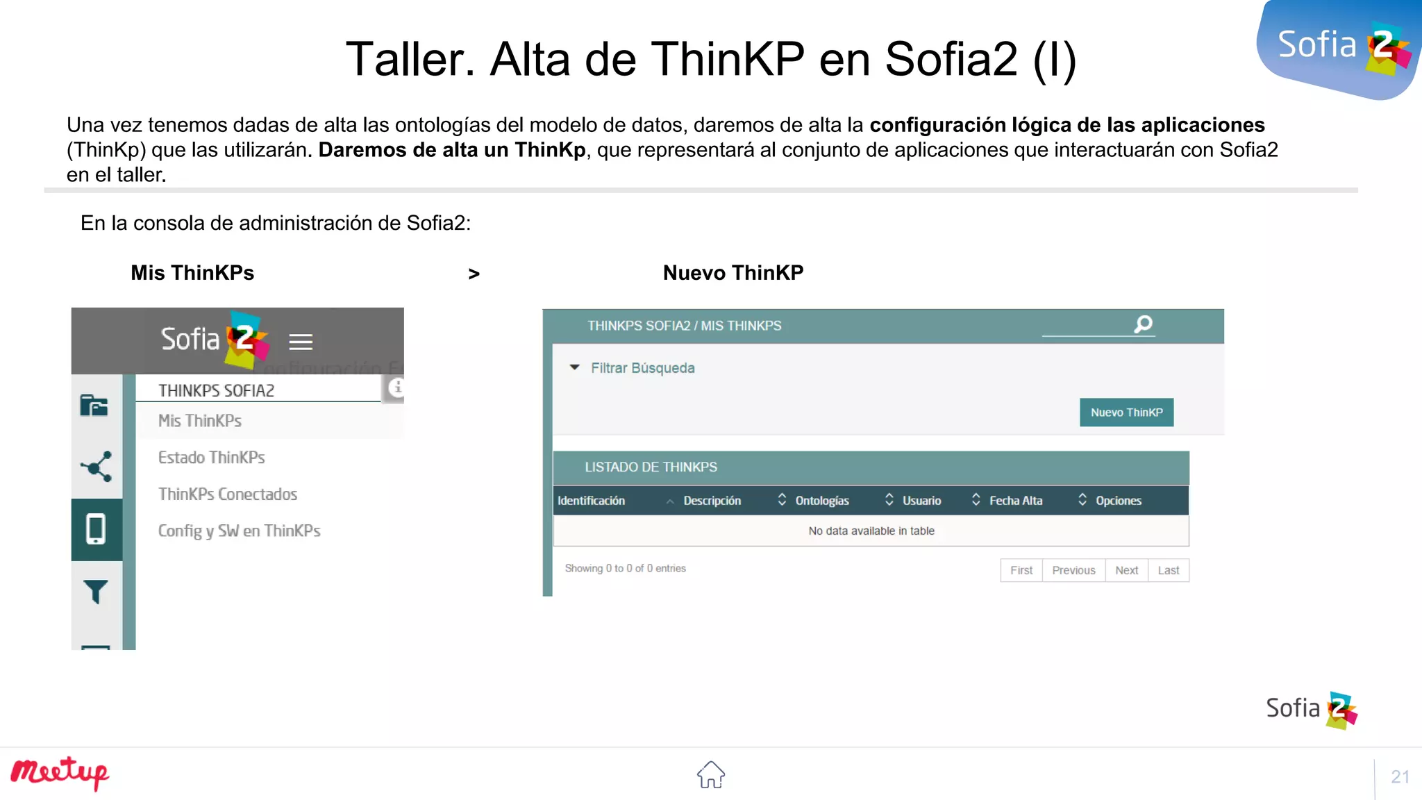 21
Taller. Alta de ThinKP en Sofia2 (I)
Una vez tenemos dadas de alta las ontologías del modelo de datos, daremos de alta la configuración lógica de las aplicaciones
(ThinKp) que las utilizarán. Daremos de alta un ThinKp, que representará al conjunto de aplicaciones que interactuarán con Sofia2
en el taller.
Mis ThinKPs
En la consola de administración de Sofia2:
Nuevo ThinKP>
 
