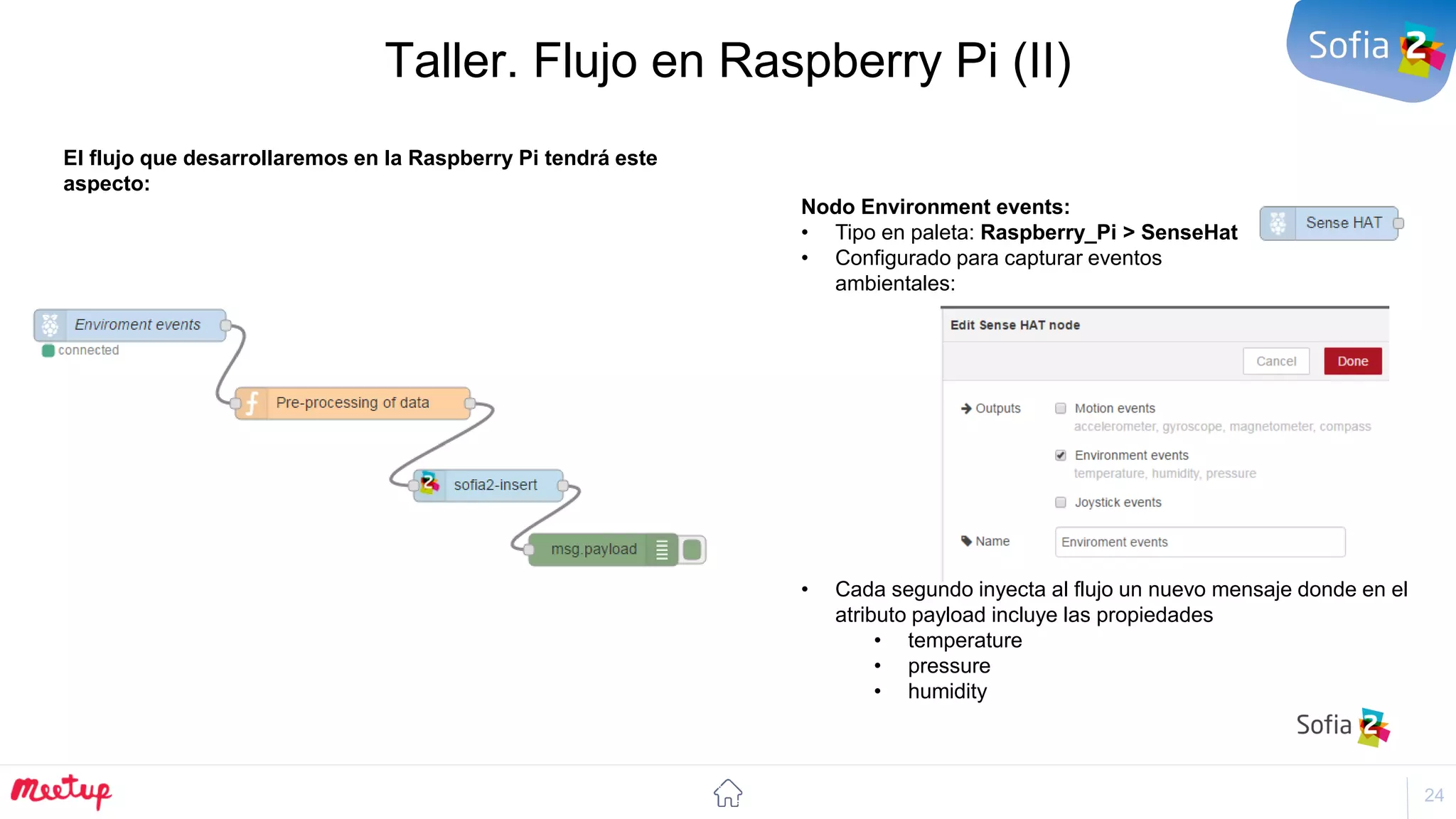 24
Taller. Flujo en Raspberry Pi (II)
El flujo que desarrollaremos en la Raspberry Pi tendrá este
aspecto:
Nodo Environment events:
• Tipo en paleta: Raspberry_Pi > SenseHat
• Configurado para capturar eventos
ambientales:
• Cada segundo inyecta al flujo un nuevo mensaje donde en el
atributo payload incluye las propiedades
• temperature
• pressure
• humidity
 