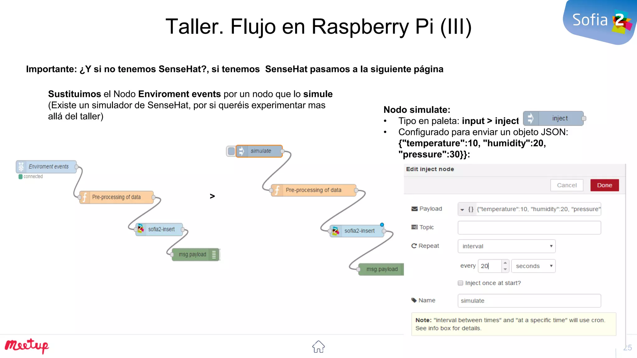 25
Taller. Flujo en Raspberry Pi (III)
Importante: ¿Y si no tenemos SenseHat?, si tenemos SenseHat pasamos a la siguiente página
Sustituimos el Nodo Enviroment events por un nodo que lo simule
(Existe un simulador de SenseHat, por si queréis experimentar mas
allá del taller)
>
Nodo simulate:
• Tipo en paleta: input > inject
• Configurado para enviar un objeto JSON:
{"temperature":10, "humidity":20,
"pressure":30}}:
 