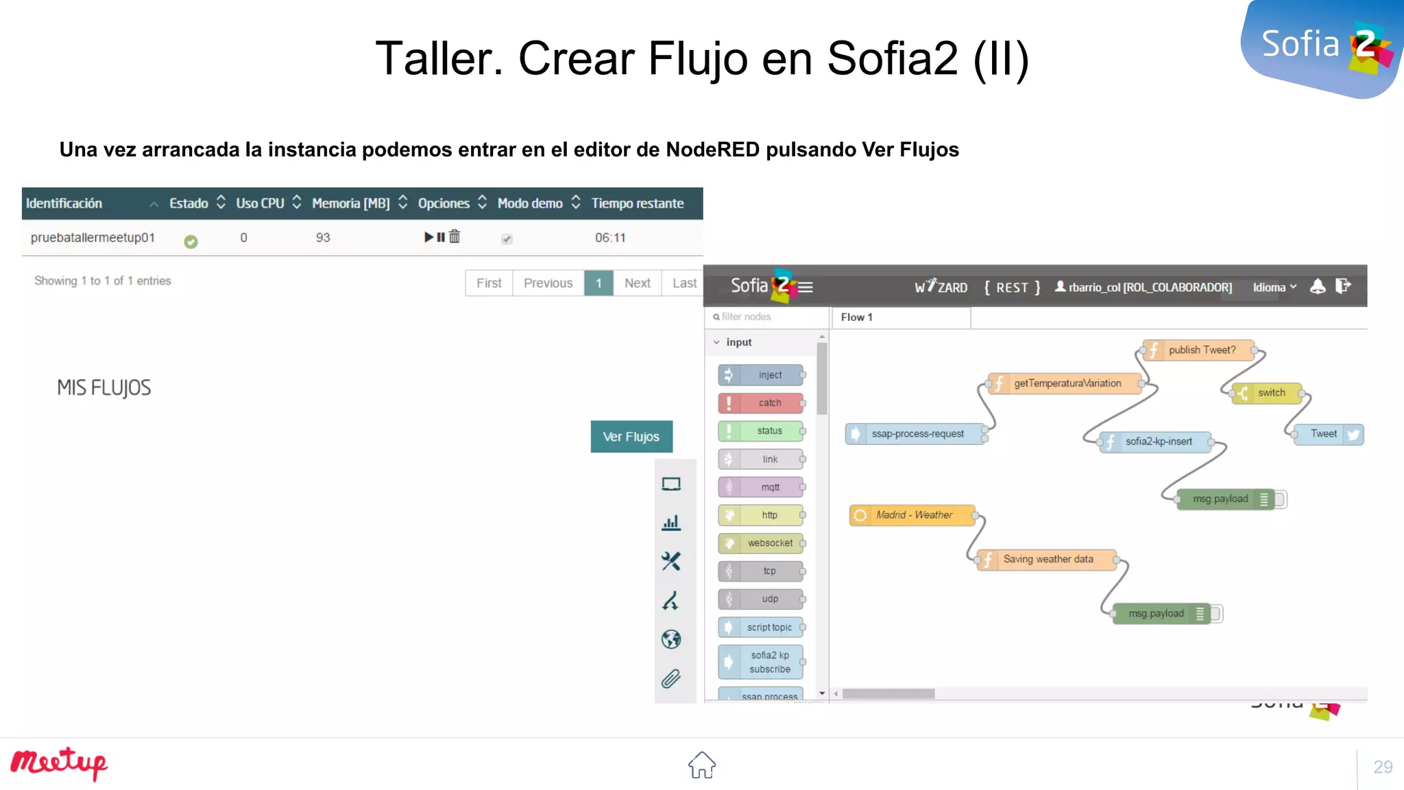 29
Taller. Crear Flujo en Sofia2 (II)
Una vez arrancada la instancia podemos entrar en el editor de NodeRED pulsando Ver Flujos
 