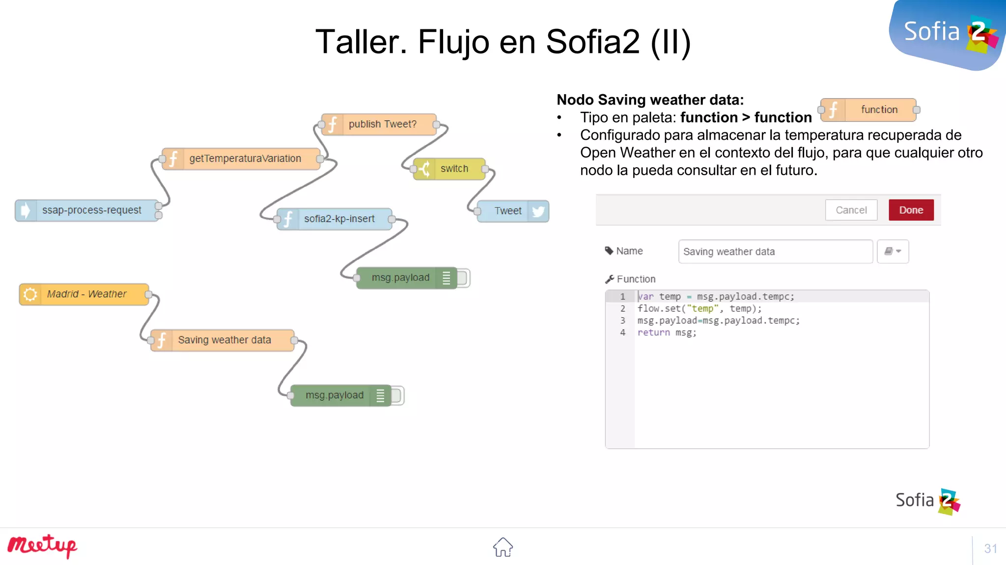 31
Taller. Flujo en Sofia2 (II)
Nodo Saving weather data:
• Tipo en paleta: function > function
• Configurado para almacenar la temperatura recuperada de
Open Weather en el contexto del flujo, para que cualquier otro
nodo la pueda consultar en el futuro.
 