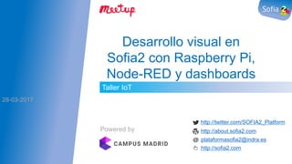 Taller IoT
Desarrollo visual en
Sofia2 con Raspberry Pi,
Node-RED y dashboards
28-03-2017
Powered by
http://twitter.com/SOFIA2_Platform
http://about.sofia2.com
plataformasofia2@indra.es
http://sofia2.com
 