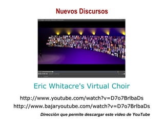 01/30/15 Copyright © 2010 Alberto Mejía 25
Eric Whitacre's Virtual Choir
http://www.youtube.com/watch?v=D7o7BrlbaDshttp://www.youtube.com/watch?v=D7o7BrlbaDs
http://www.bajaryoutube.com/watch?v=D7o7BrlbaDshttp://www.bajaryoutube.com/watch?v=D7o7BrlbaDs
Dirección que permite descargar este video de YouTube
Nuevos Discursos
 
