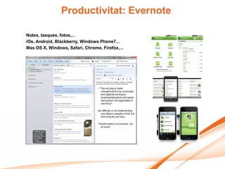 Productivitat: Evernote

Notes, tasques, fotos,...
iOs, Android, Blackberry, Windows Phone7...
Mas OS X, Windows, Safari, Chrome, Firefox,...
 