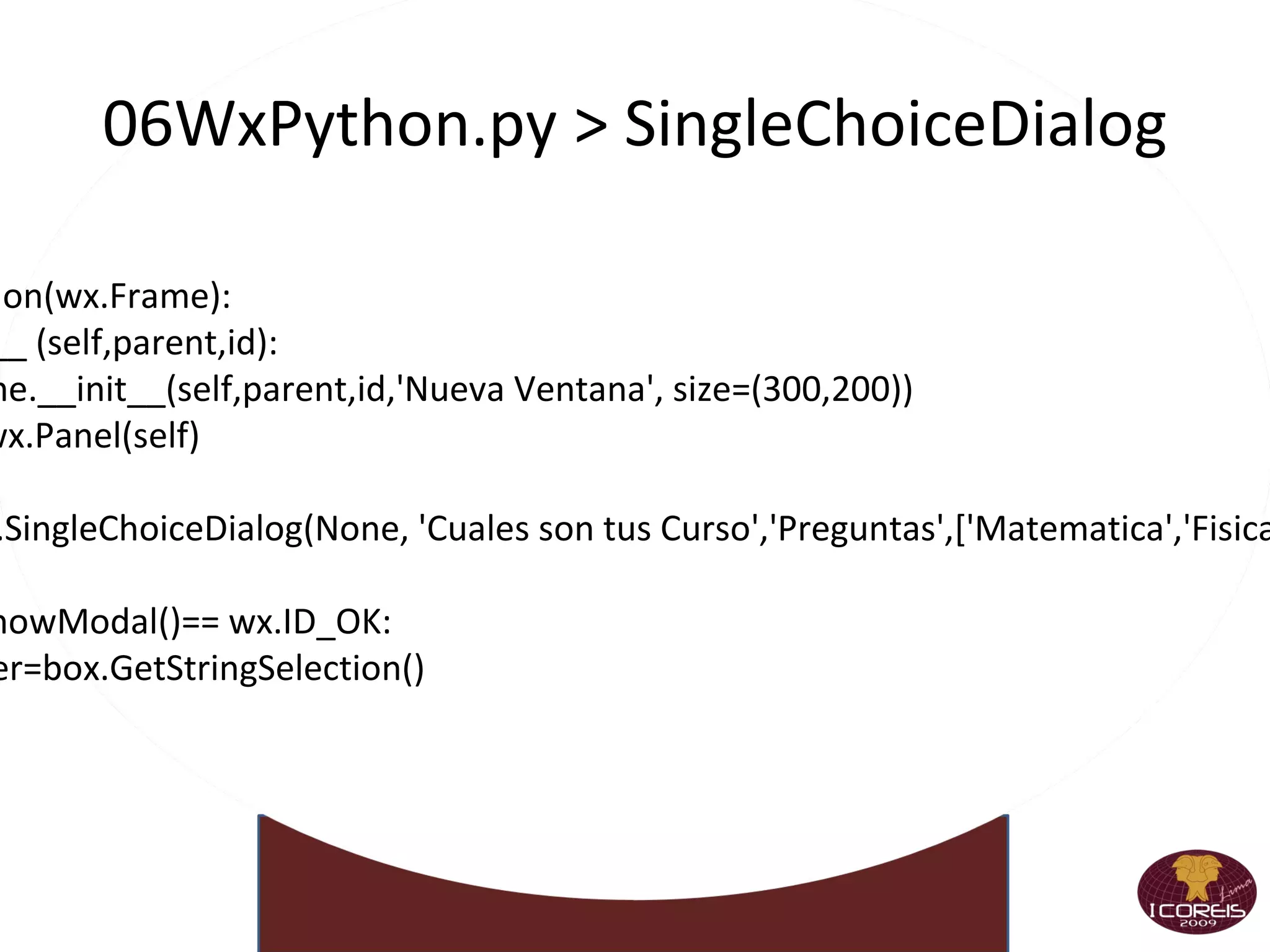 Clases Armando  una clase >>>  class  MiClase: ...  x = 3 ...  def f(self): ...  return 'Hola mundo' ... >>> c = MiClase() >>> c.x 3 >>> c.f() 'Hola mundo Heredando >>> class MiClase(ClasePadre): >>> class MiClase(ClasePadre, ClaseTio): 
