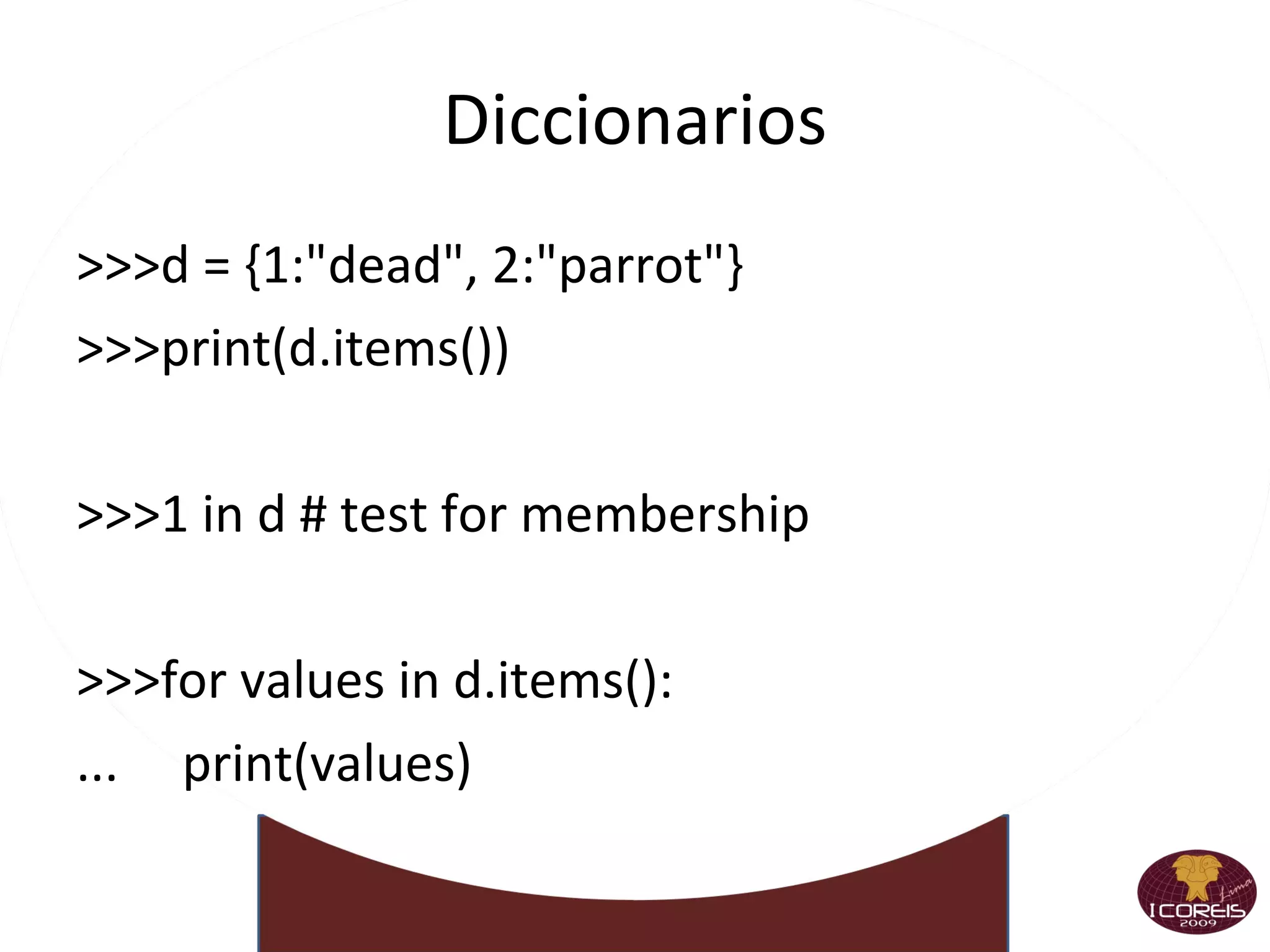 Informacion de los Módulos >>> import math >>> math.sqrt(100) >>> dir(math) >>> import time >>> dir(math) >>> help(math) >>> math.__doc__ 