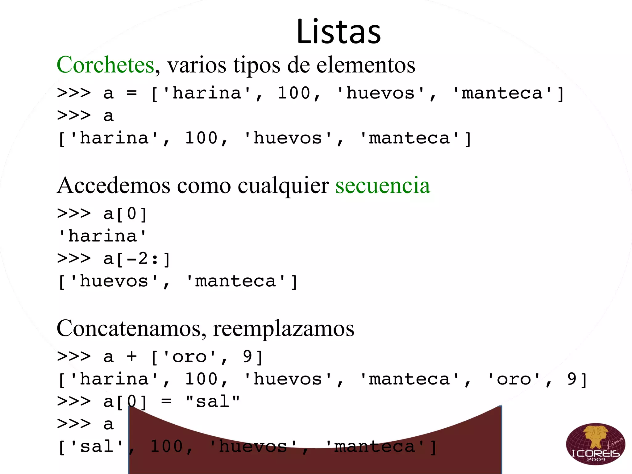 Las baterías incluídas La Biblioteca Estándar ayuda con... Servicios del sistema, fecha y hora, subprocesos, sockets,  internacionalización y localización, base de datos, threads, formatos zip, bzip2, gzip, tar, expresiones regulares, XML (DOM y SAX), Unicode, SGML, HTML, XHTML, XML-RPC (cliente y servidor), email, manejo asincrónico de sockets, clientes HTTP, FTP, SMTP, NNTP, POP3, IMAP4, servidores HTTP, SMTP, herramientas MIME, interfaz con el garbage collector, serializador y deserializador de objetos, debugger, profiler, random, curses, logging, compilador, decompilador, CSV, análisis lexicográfico, interfaz gráfica incorporada, matemática real y compleja, criptografía (MD5 y SHA), introspección, unit testing, doc testing, etc., etc... 