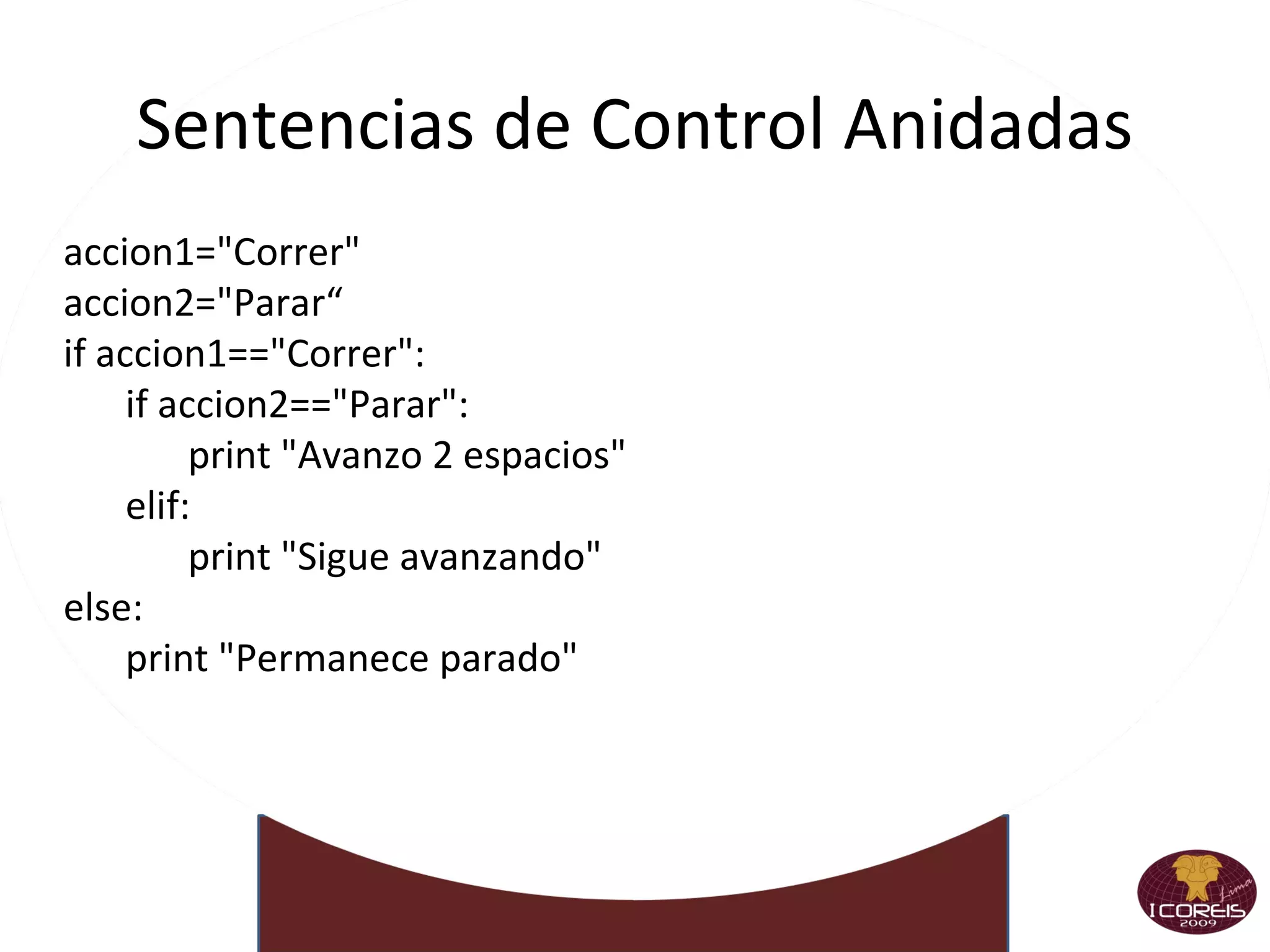 Usando la Calculadora Python >>> 13.0/7 >>> 13.0/7. >>> 13.0/7.0 >>> 7%4 >>> 8%2 >>> 9/5 >>> 6*7 >>> 7*7*7*7*7 >>> 7**5 >>> -7**6 >>> -7**5 >>> 8.75%.25 