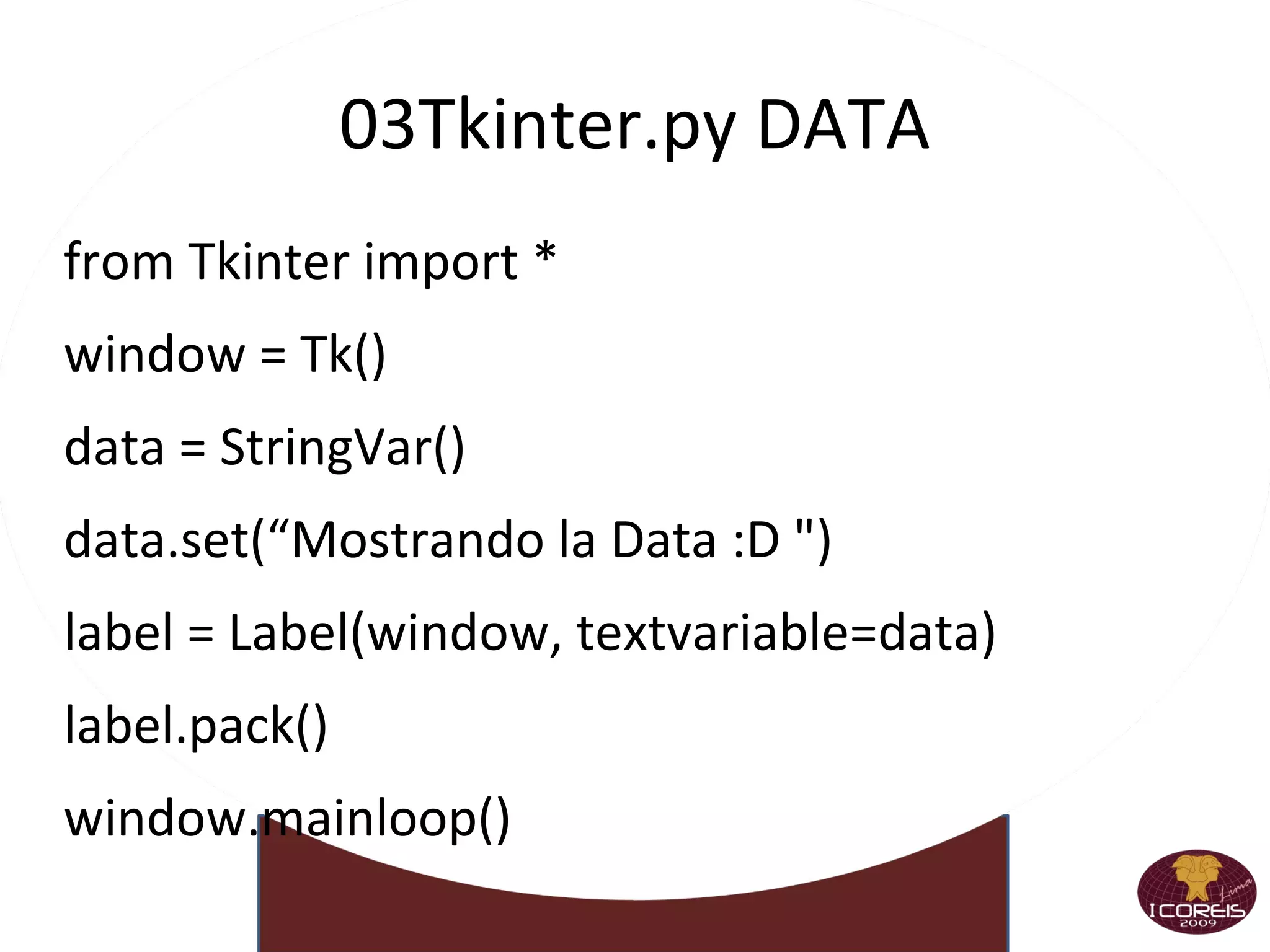 Funciones Estructura  básica >>>  def  alcuadrado ( n ) : ...  res = n ** 2 ...  return  res ... >>> alcuadrado(3) 9 Las funciones son  objetos >>> alcuadrado < function  alcuadrado at 0xb7c30b54> >>> f = alcuadrado >>> f(5) 25 