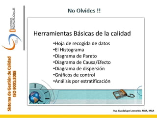 SistemadeGestióndeCalidad
ISO9001:2008
Ing. Guadalupe Leonardo, MBA, MGA
 
