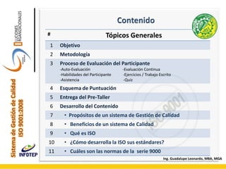 Ing. Guadalupe Leonardo, MBA, MGA
# Tópicos Generales
1 Objetivo
2 Metodología
3 Proceso de Evaluación del Participante
-A...