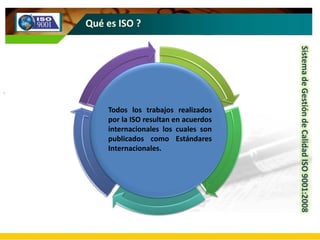 SistemadeGestióndeCalidadISO9001:2008
El conjunto de Normas ISO 9000 constituyen una
familia de normas internacionales y g...