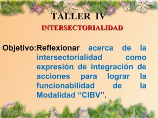 TALLER IV
INTERSECTORIALIDAD

Objetivo:Reflexionar acerca de la
intersectorialidad
como
expresión de integración de
acciones para lograr la
funcionabilidad
de
la
Modalidad “CIBV”.

 