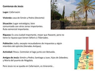 Comienzo de Jesús
Lugar: Cafarnaúm
Vivienda: casa de Simón y Pedro (Desierto)
Situación: Lugar estratégico, bien
comunicado con otras zonas importantes.
Ruta comercial importante.
Riqueza: Es una ciudad importante, mejor que Nazaret, pero no
tiene la riqueza que tienen Séforis o Tiberiades.
Población: Judía, excepto recaudadores de impuestos y algún
miembro del ejército (Herodes Antipas).
Actividad: Pesca. Controlan el lago junto con Betsaida.
Amigos de Jesús: Simón y Pedro; Santiago y Juan, hijos de Zebedeo;
y María del puerto de Magdala.
Pero Jesús no se queda en Cafarnaúm, es itinerante…

 